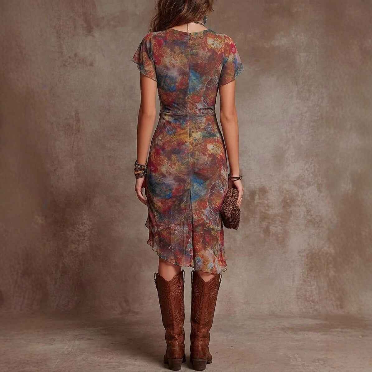 Womens Slim-fit Printed V-neck Defined-waist Dress