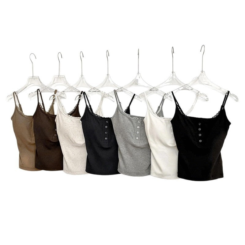 Bra With Cups Suspender Camisole Lace Trim Buttoned Slim-Fit Figure-Hugging InnerOuter Layer Base Top