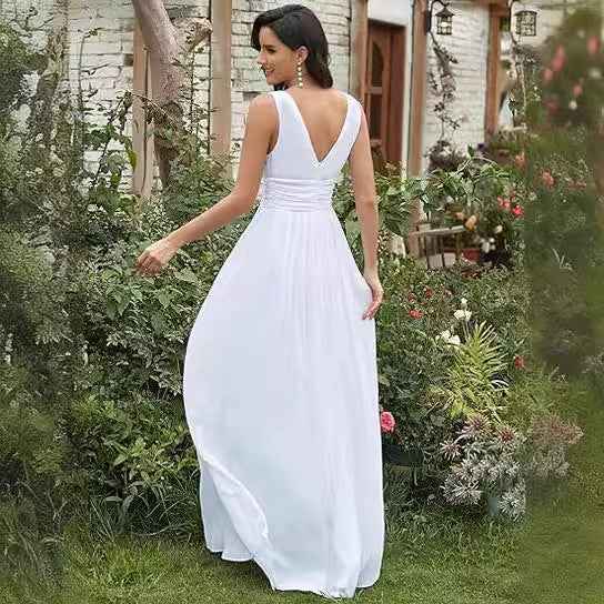 Women's Elegant Graceful Deep V-neck Sleeveless Chiffon Formal Maxi Evening Dress