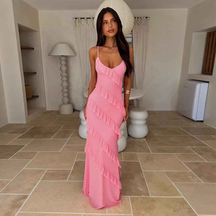 Backless Spaghetti-strap V-neck Dress With Side Slits