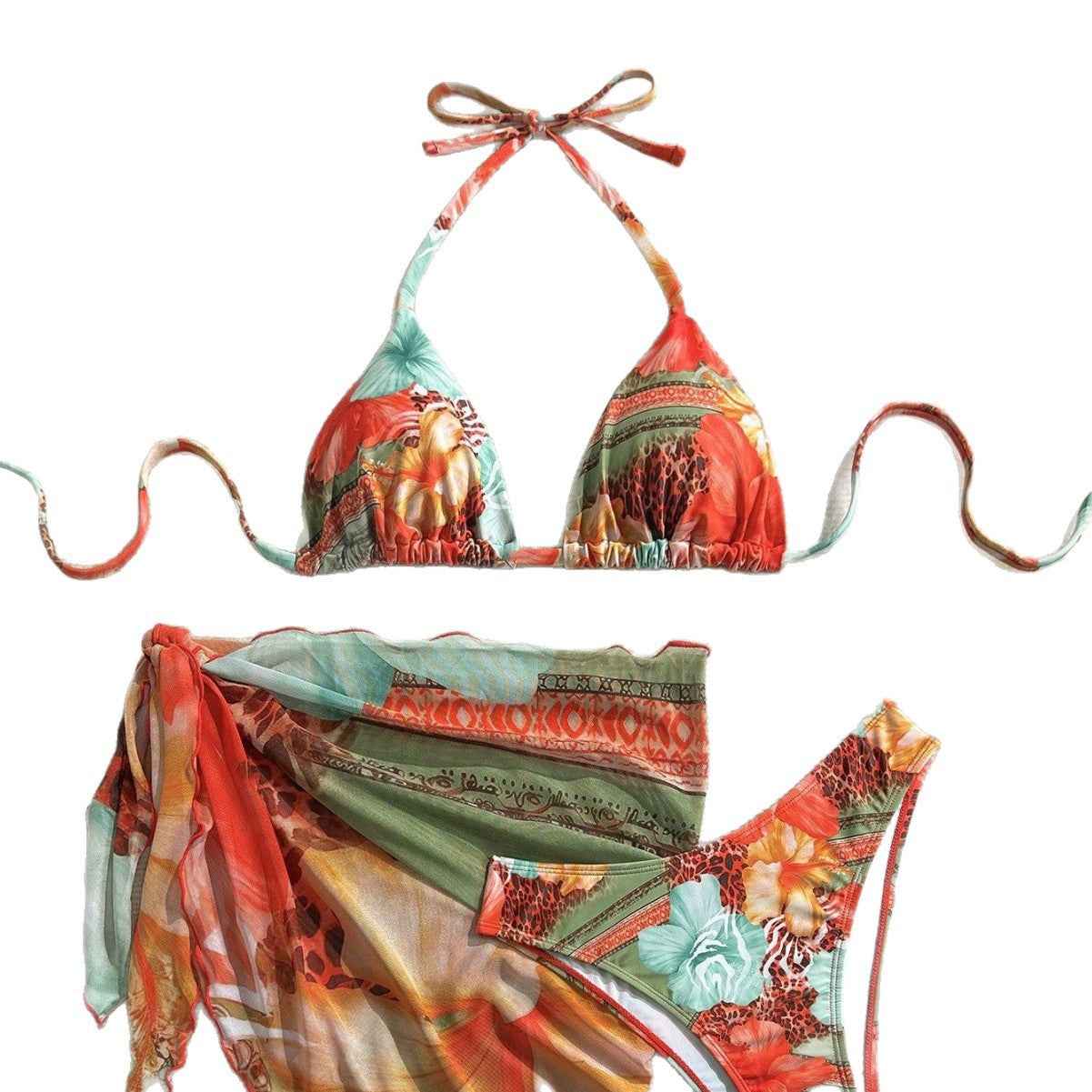 European And American-style Three-Piece Apron Bikini Flower-Printed Lace-Up Womens Swimsuit