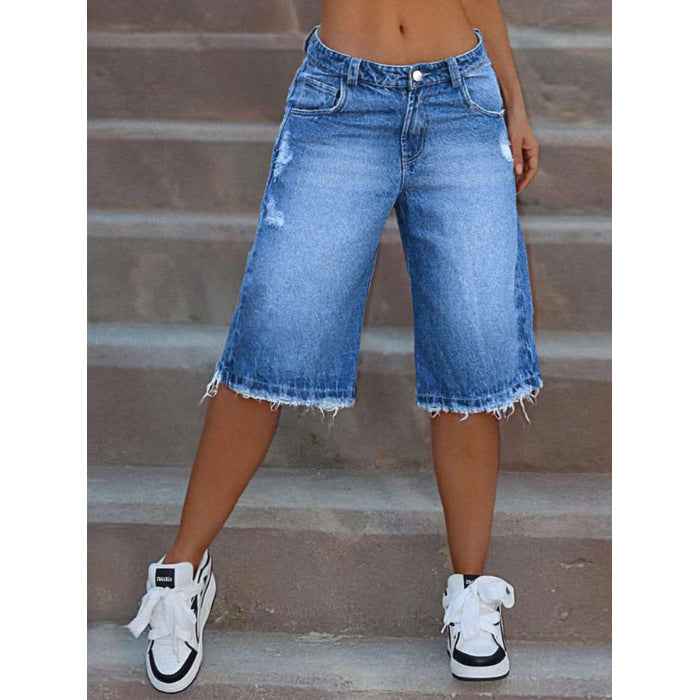 Ripped Denim Shorts With Raw Edges