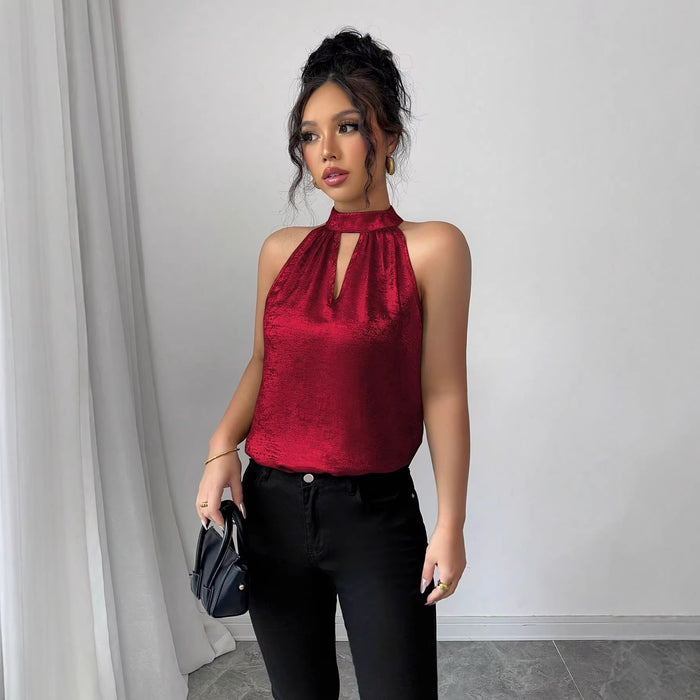 Red Sleeveless Crew Neck Tank Top Women Loose Fit Summer