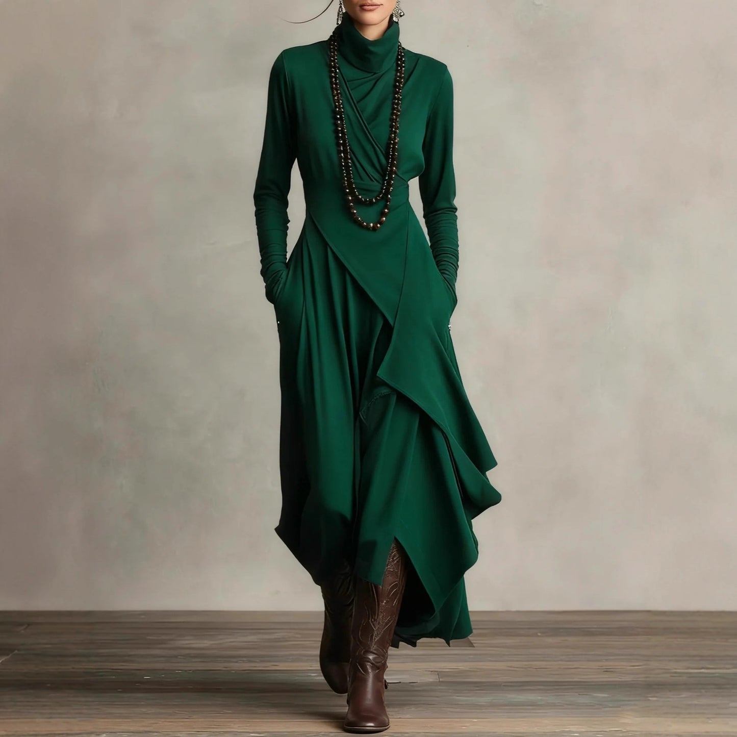 Women's Solid Color Cross-sleeve High-neck Dress by Mirlaine Univers