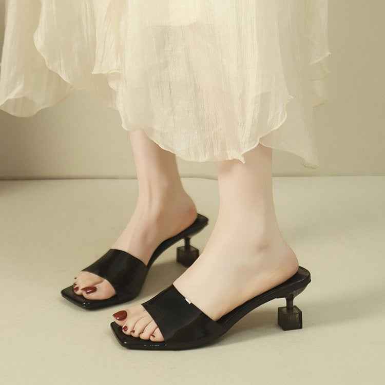 French Style Crystal Thin Heel Square Toe One-Strap Sandals For Women, New Transparent High Heel Slide Sandals Outdoor Wear