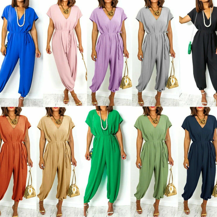 Pantalon harem à jambes larges pour femmes, col en V et taille à lacets
