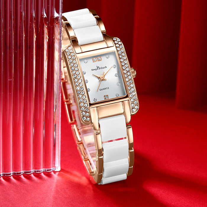 Nouvelle montre carrée à quartz pour femme, haut de gamme, aspect céramique et détails en diamants