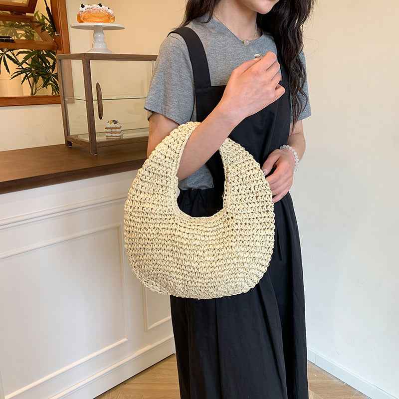 Beach-style Straw Sand Beach Bag Solid-color Crescent-shaped Tote