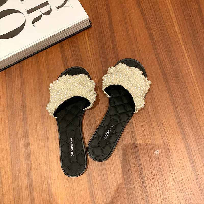 Mules à perles en cuir parfumé pour femme, chaussures d'extérieur