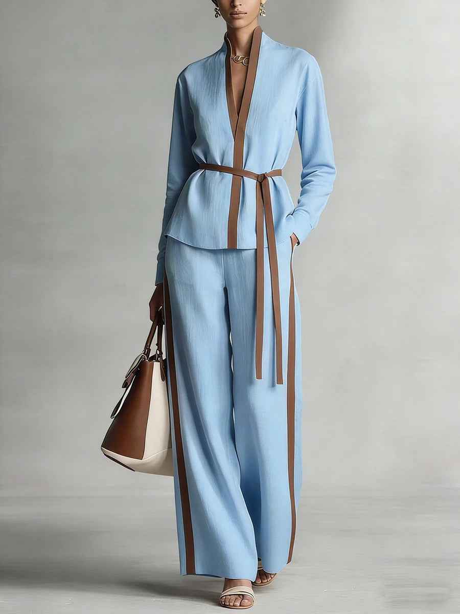 Women's Casual Patchwork Cardigan Shirt And Wide-Leg Pants Set