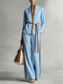 Women's Casual Patchwork Cardigan Shirt And Wide-Leg Pants Set