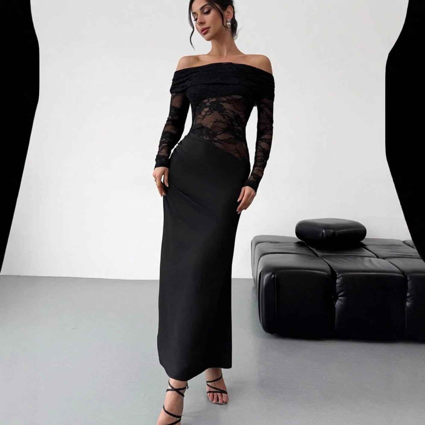 Womens Sexy Hollow-Out Lace Long-Sleeve Dress