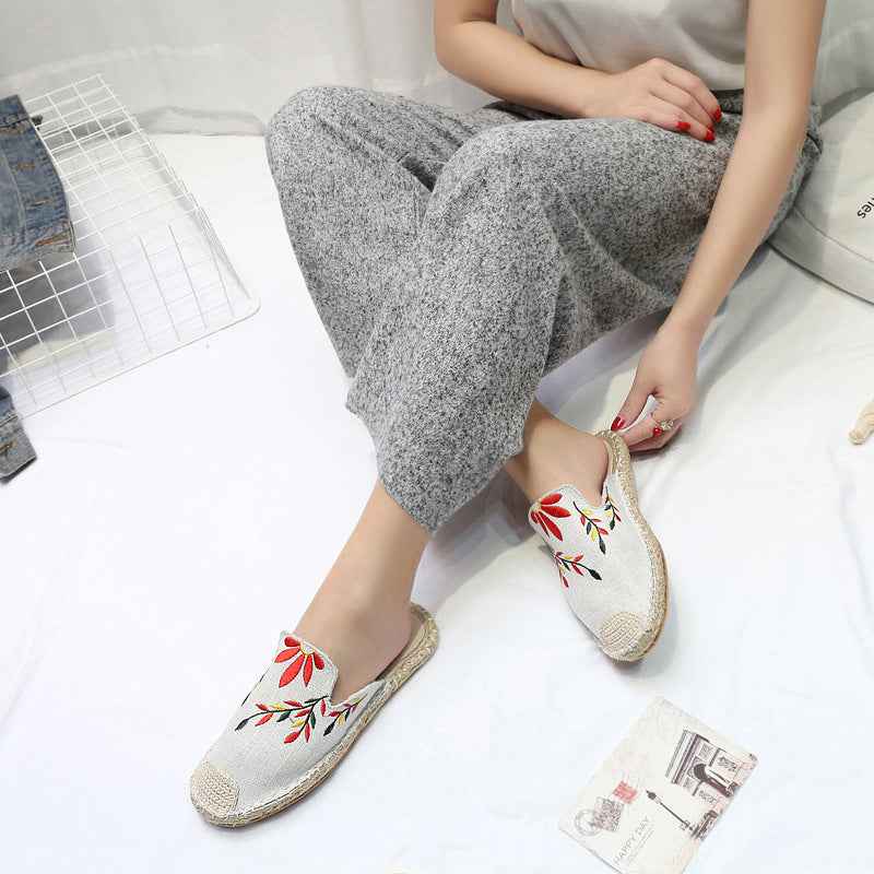 Embroidered Leaves Baotou Sandals And Slippers Women