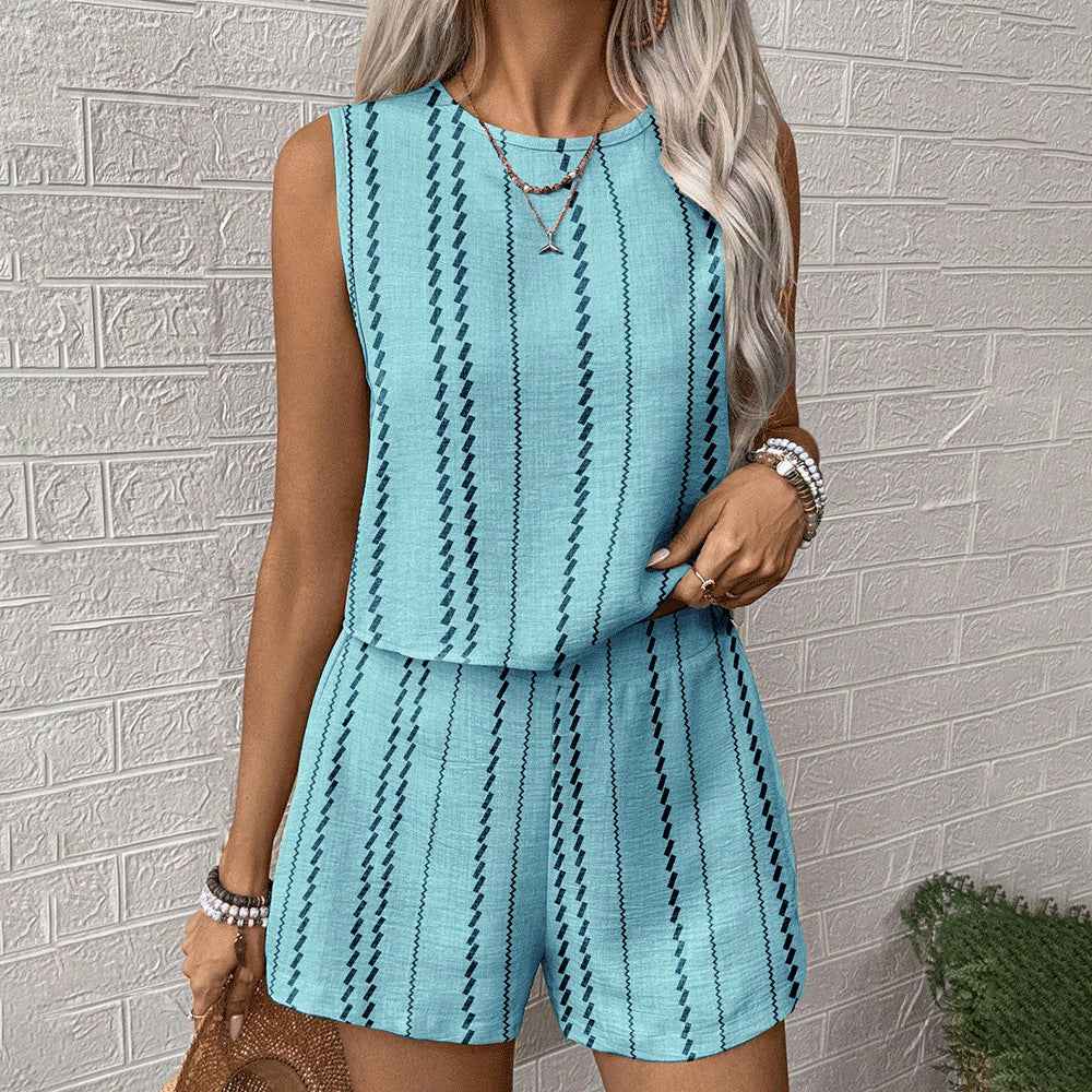 Womens Casual Striped Sleeveless Fashion Top And Shorts Two-Piece Set