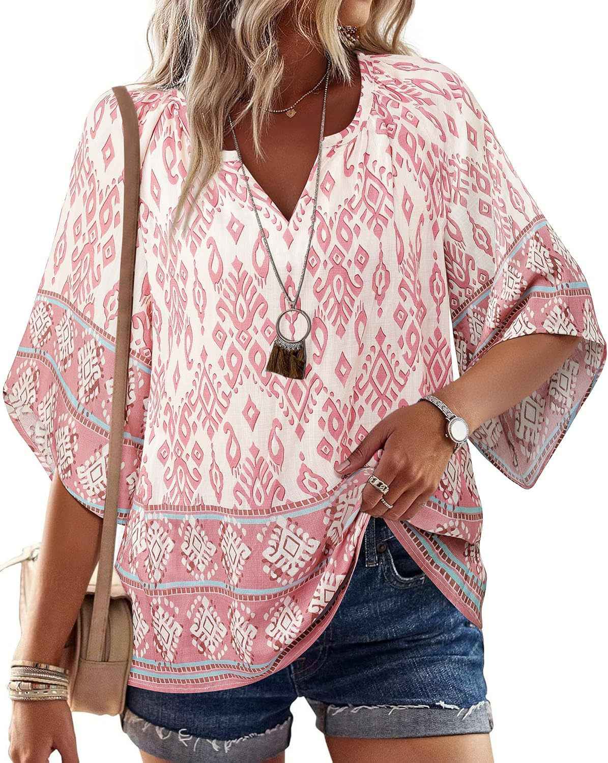 V-neck Printed Bohemian Country-Style Casual Loose Summer Top