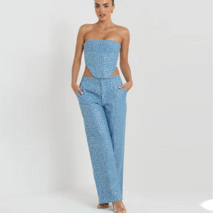 Ensemble pantalon large et haut bustier à sequins en jean tendance