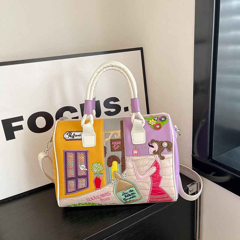 High-capacity Premium Boston Bag With Embroidered Patchwork Design