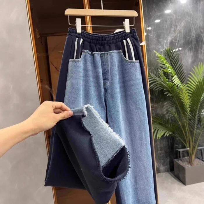 Pantalon de jogging en jean patchwork pour femme avec taille élastique et ourlet à cru