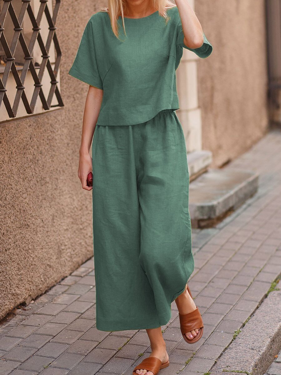 European And American Women's Linen Casual Loose Solid Color Suit Two-piece Women by Mirlaine Univers