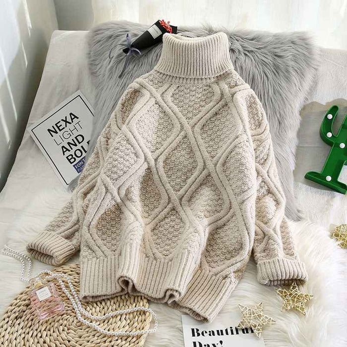 Plaid Turtleneck Knitted Women Sweaters Solid Thicken Warm Loose All Match Pulls Outwear Coat Tops