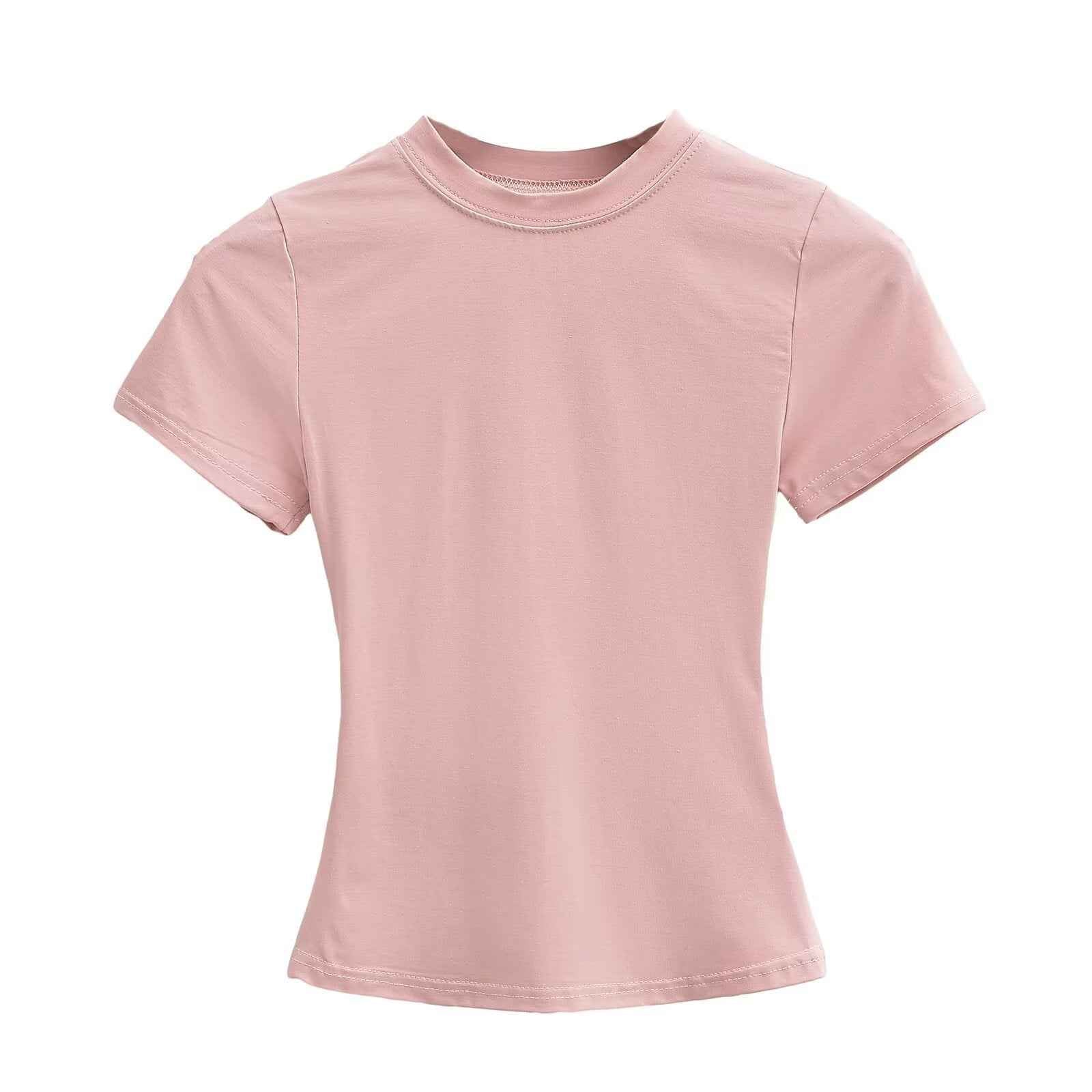 Solid Color Small Round Neck Elastic Shoulder Short Sleeve T-shirt Basic Style Waist-tight