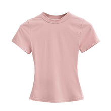 Solid Color Small Round Neck Elastic Shoulder Short Sleeve T-shirt Basic Style Waist-tight