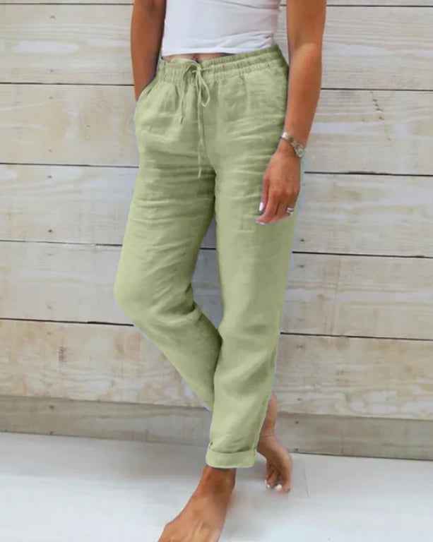 Elastic Waist Solid Cotton Hemp Pants