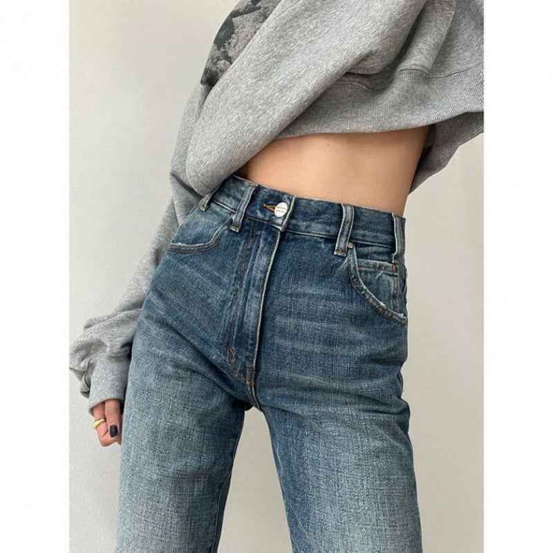 Flared Denim Jeans For Women Straight  Loose-fit Pants Retro