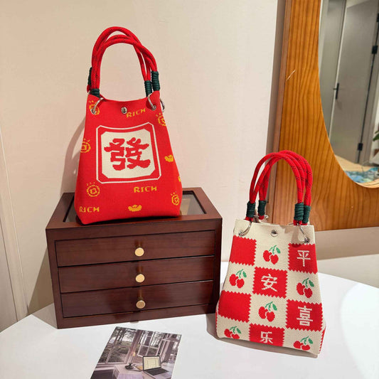 Womens Red Knitted Tote Bag With Magnetic Closure And Large Capacity