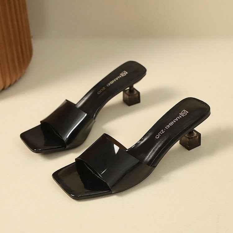 French Style Crystal Thin Heel Square Toe One-Strap Sandals For Women, New Transparent High Heel Slide Sandals Outdoor Wear