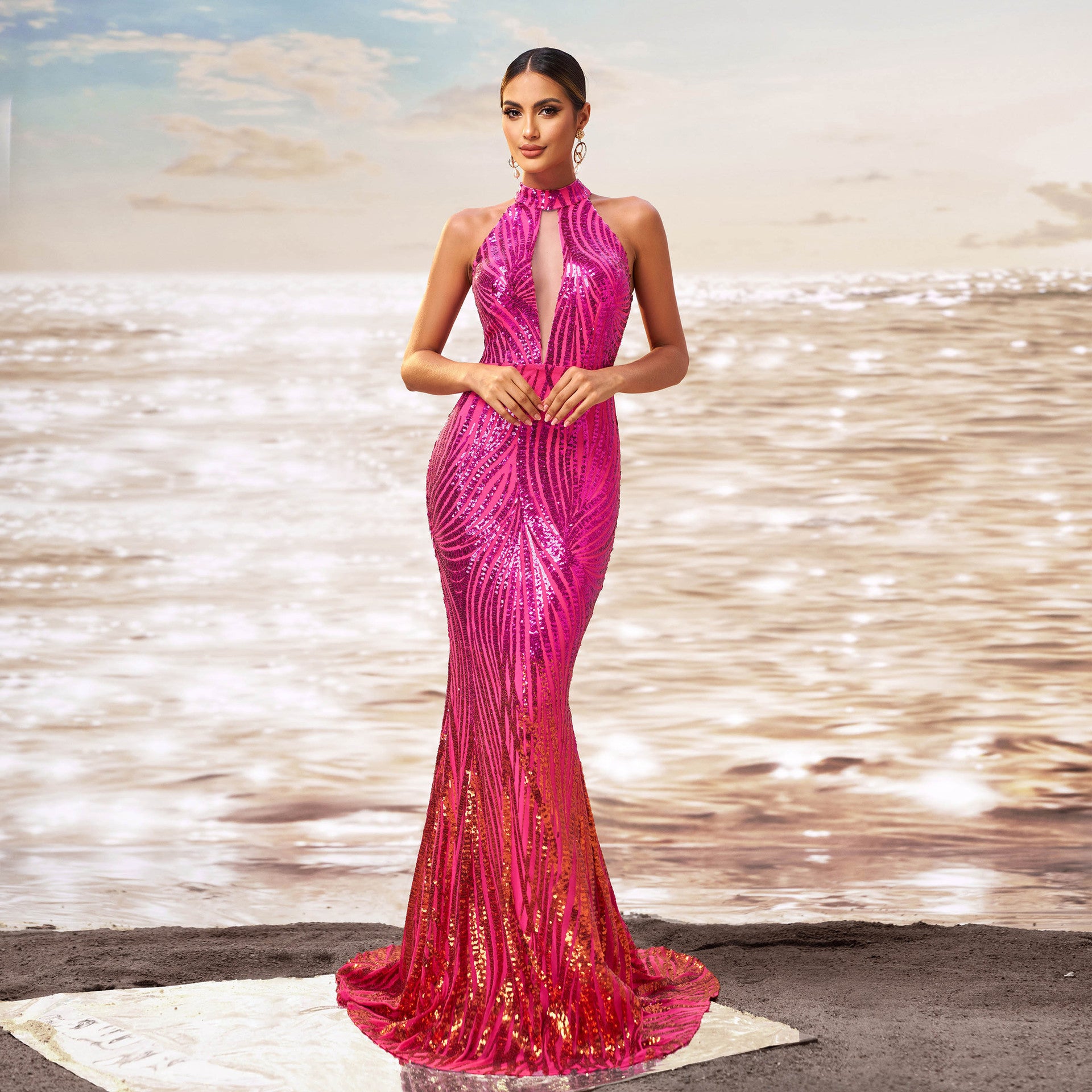 Round Neck Off-the-shoulder Slim-fit Sheath Sequined Banquet Fishtail Evening Dress by Mirlaine Univers