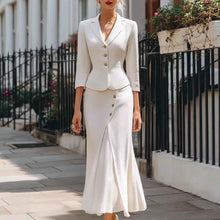 Three-quarter-sleeve Blazer And Long Skirt Set With Buttons And A Slit Mid-length Skirt