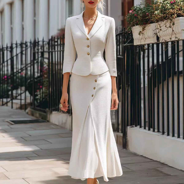 Three-quarter-sleeve Blazer And Long Skirt Set With Buttons And A Slit Mid-length Skirt