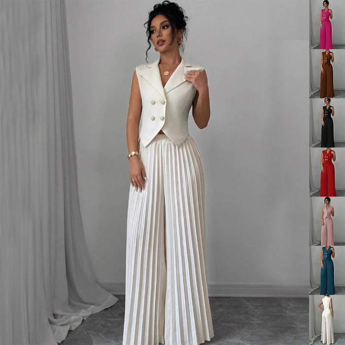 Ensemble de vêtements d'été sans manches pour femmes, avec veste à revers boutonnée et pantalon plissé droit.