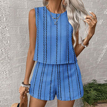 Womens Casual Striped Sleeveless Fashion Top And Shorts Two-Piece Set