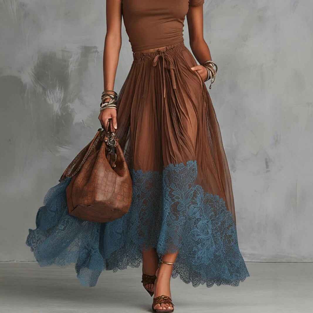 Short-sleeve Top And Lace-panel Midi Skirt Set