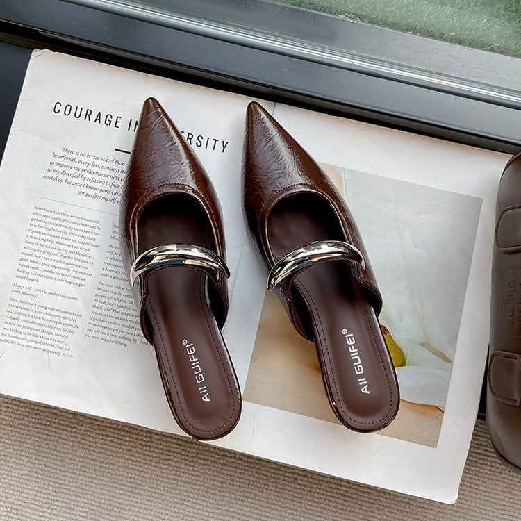 Elegant Pointed Toe Metal One-Strap Mules 2025 Summer New Wedge Heel Platform Sandals For Women