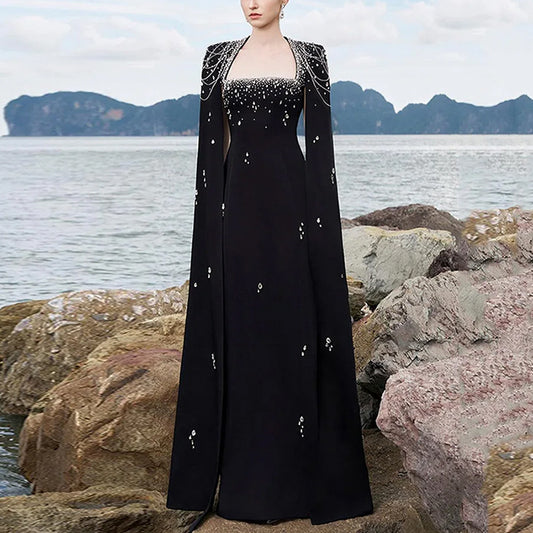 Beaded Lanyard Shawl Sleeve And Floor Long Dress by Mirlaine Univers