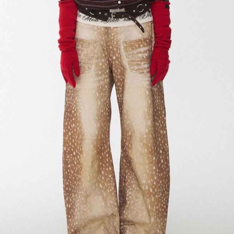Retro Plus-size Distressed Faux-Aged Deer Print Denim Jeans