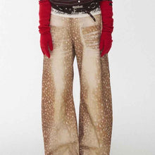 Retro Plus-size Distressed Faux-Aged Deer Print Denim Jeans