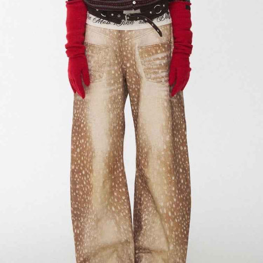 Retro Plus-size Distressed Faux-Aged Deer Print Denim Jeans
