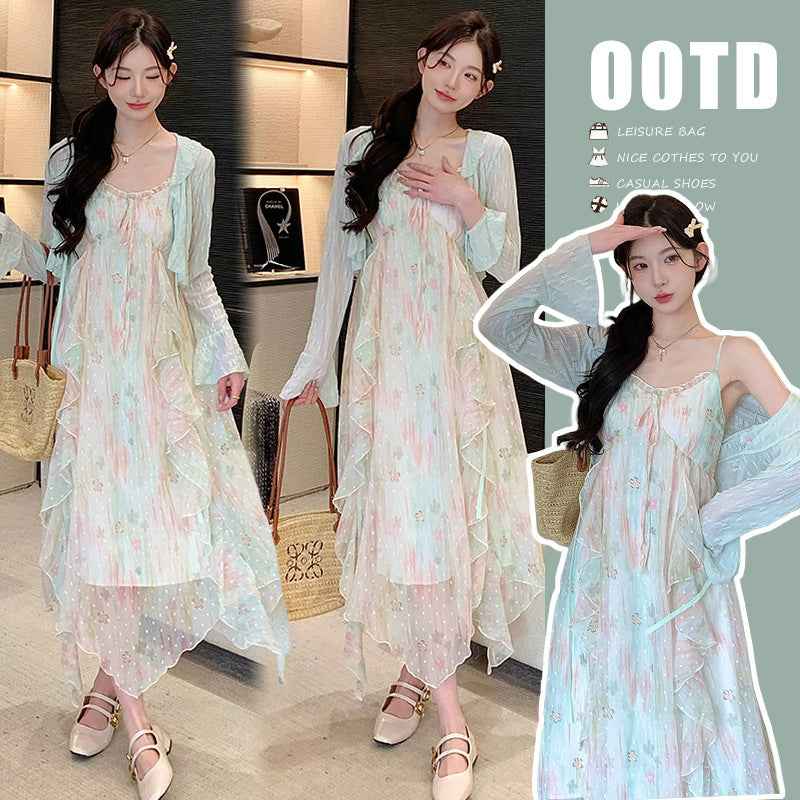 Sweet-style Floral Slip Dress And Lace Cardigan Two-piece Set