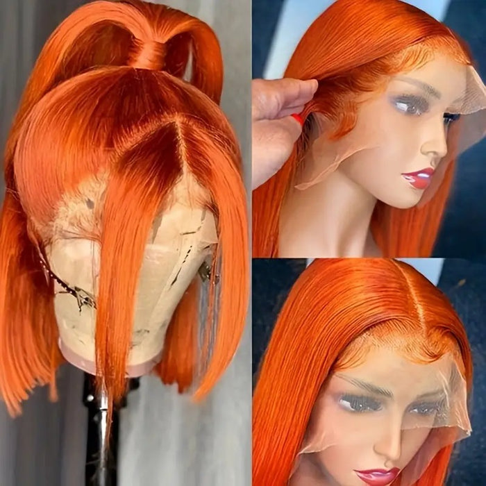 Perruque coupe au carré lisse, couleur gingembre orange, cheveux humains, 13x4