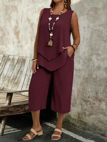 Casual Solid-Colored Sleeveless Top And Cropped Pants Two-Piece Set
