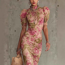 Puff-sleeve Printed Slim-fit Long Pleated Dress