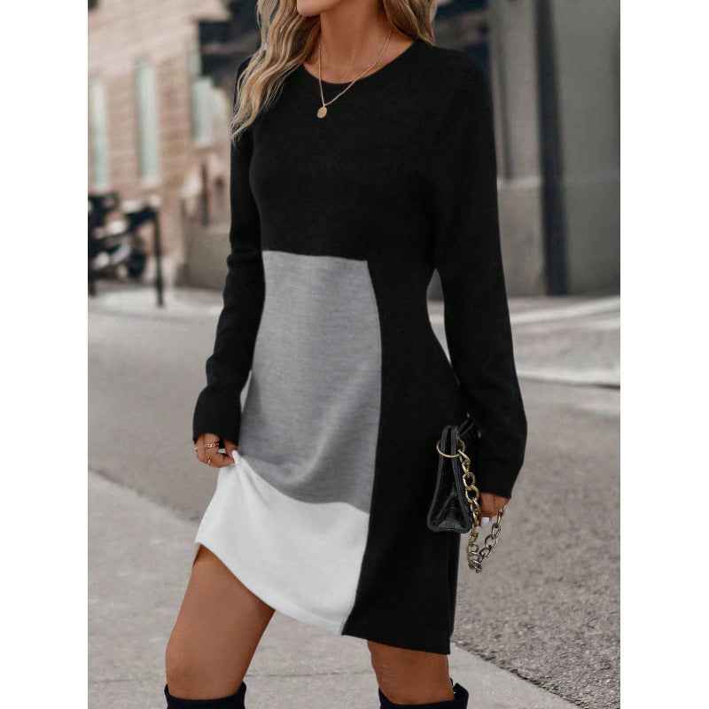 European And American-style Patchwork Knit Regular-fit Dress