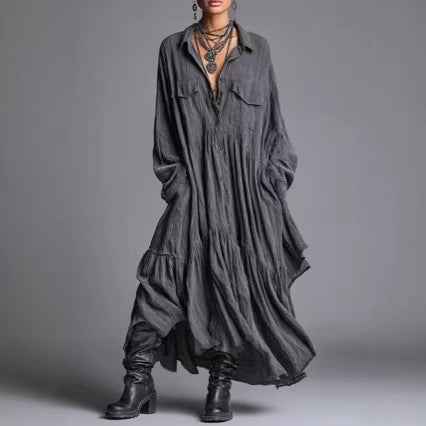 Artistic Retro Loose Pleated Long-Sleeve Shirt Dress