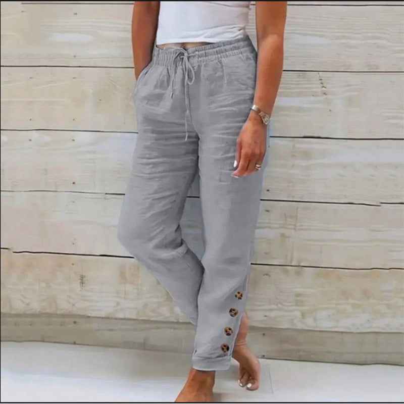 Elastic Waist Cotton Linen Straight Casual Button Trousers