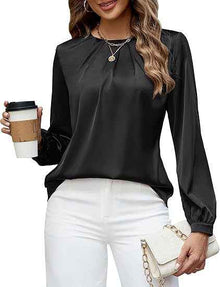 Womens Casual Pleated Long-Sleeve Top Satin Crew-Neck Shirt