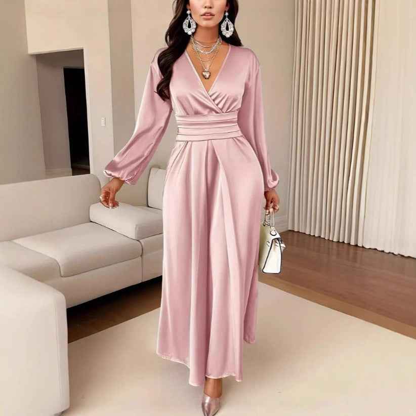 Satin V-neck Waist-cinched Maxi Dress With Puff Sleeves